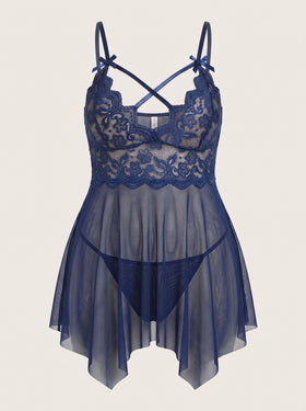Plus Size Dark Navy Blue Lace Nightgown with Sheer Lace Detail-Nightgown-Bellascena-Navy Blue-XL-bellascena