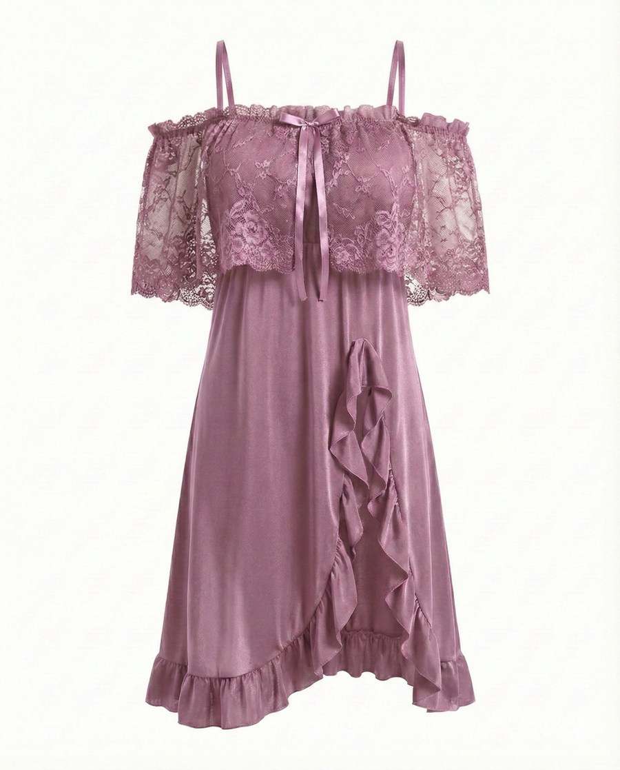 Plus Size Deep Red Lace Nightgown with Ruffles-Nightgown-Bellascena-bellascena