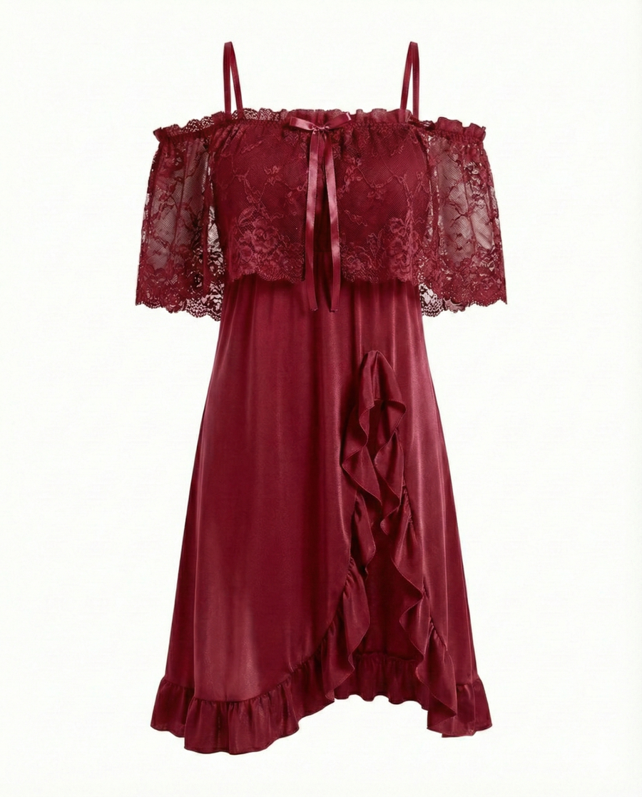 Plus Size Deep Red Lace Nightgown with Ruffles-Nightgown-Bellascena-bellascena