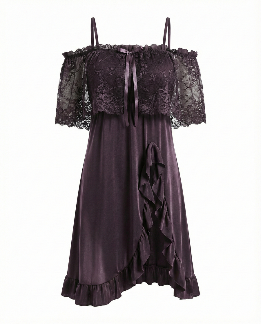 Plus Size Deep Red Lace Nightgown with Ruffles-Nightgown-Bellascena-bellascena