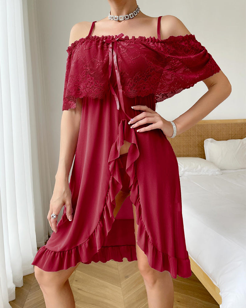 Plus Size Deep Red Lace Nightgown with Ruffles-Nightgown-Bellascena-bellascena