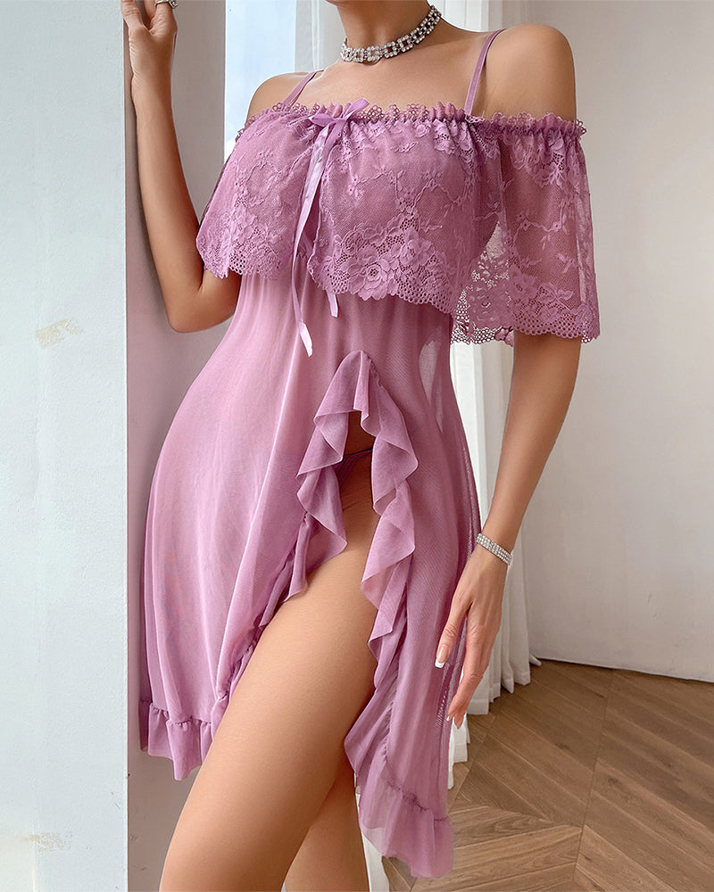Plus Size Deep Red Lace Nightgown with Ruffles-Nightgown-Bellascena-Purple-S-bellascena