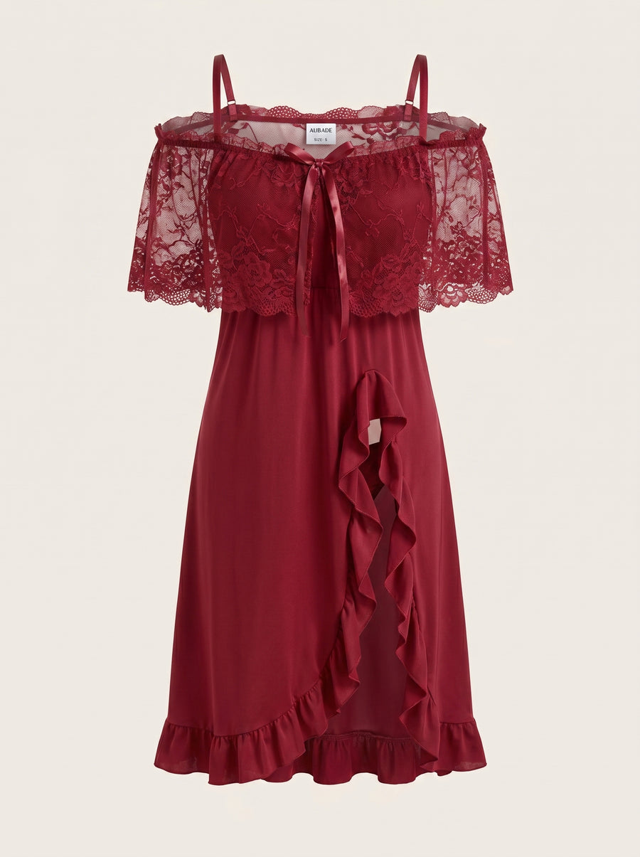 Plus Size Deep Red Lace Nightgown with Ruffles-Nightgown-Bellascena-Wine Red-S-bellascena