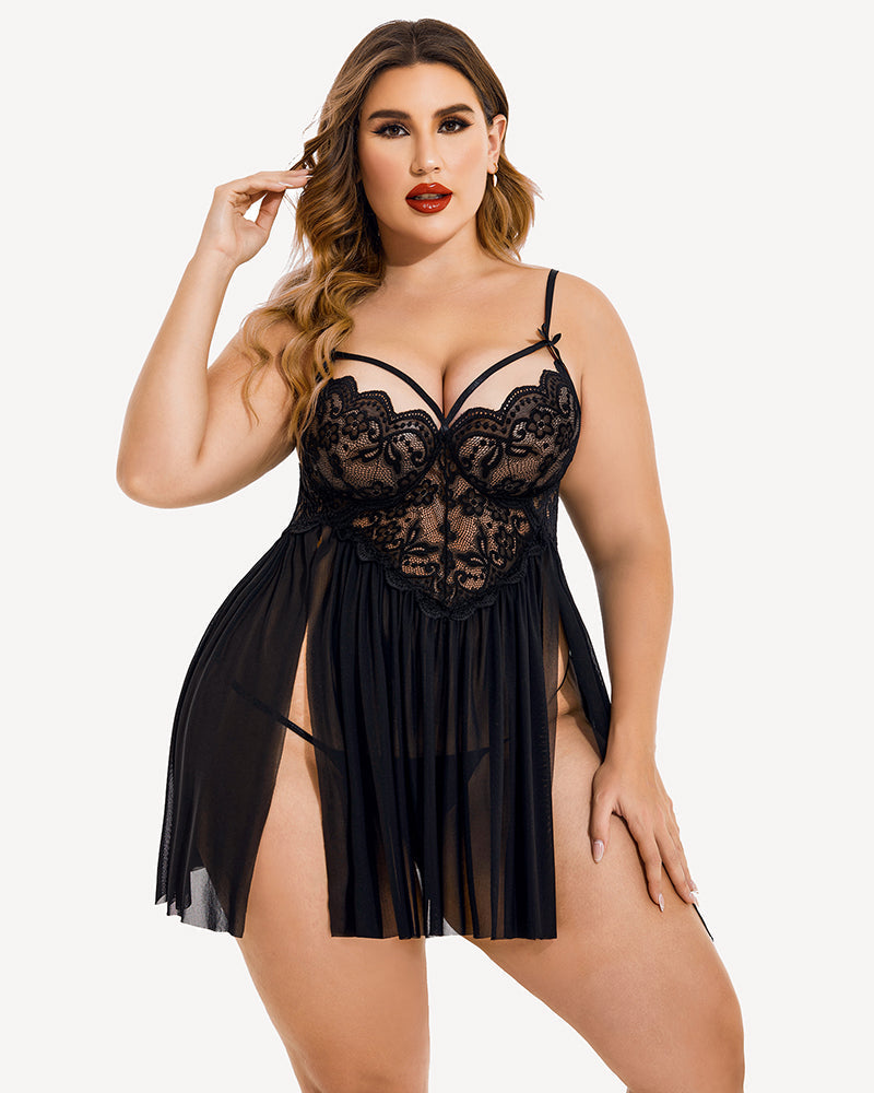 Plus Size Deep Red Mesh Babydoll with Lace Cups and Side Slit-Lingerie Set-Bellascena-bellascena