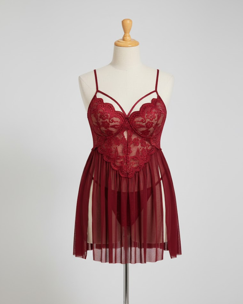 Plus Size Deep Red Mesh Babydoll with Lace Cups and Side Slit-Lingerie Set-Bellascena-bellascena