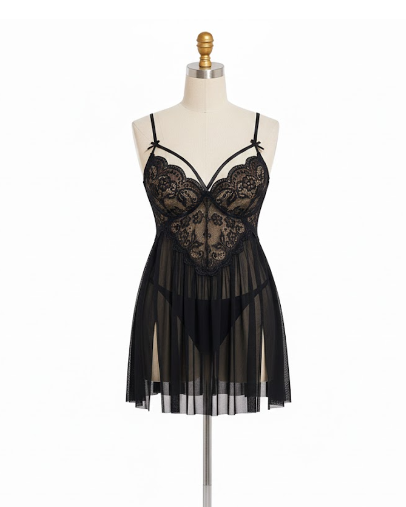 Plus Size Deep Red Mesh Babydoll with Lace Cups and Side Slit-Lingerie Set-Bellascena-bellascena