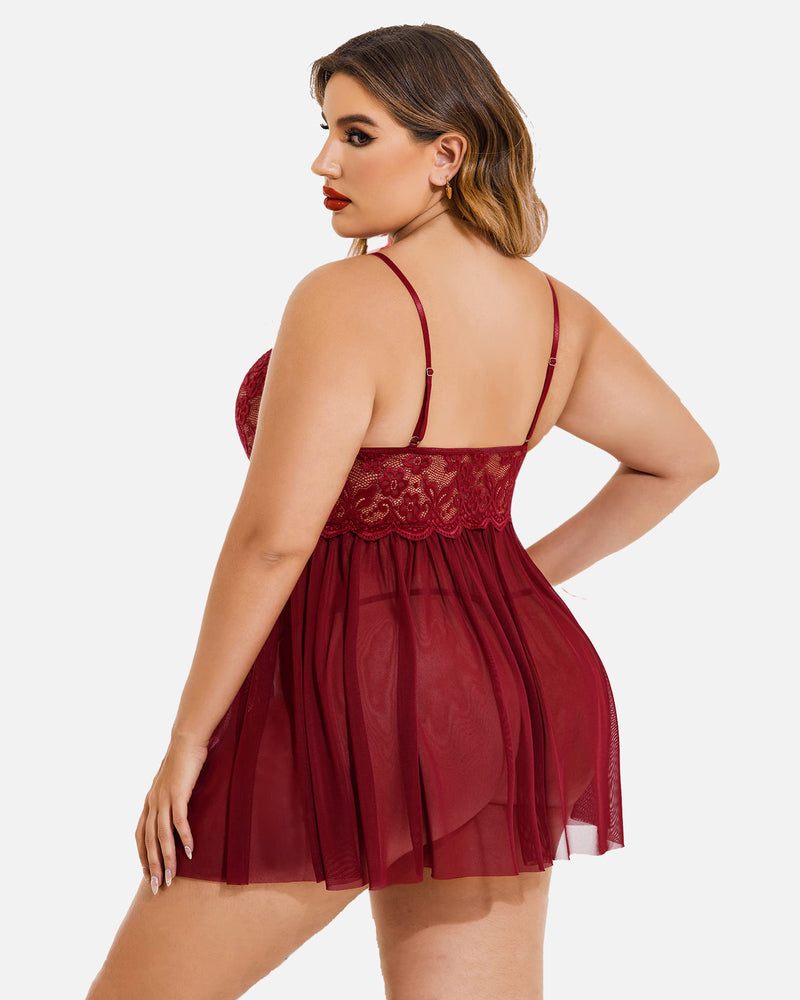 Plus Size Deep Red Mesh Babydoll with Lace Cups and Side Slit-Lingerie Set-Bellascena-bellascena