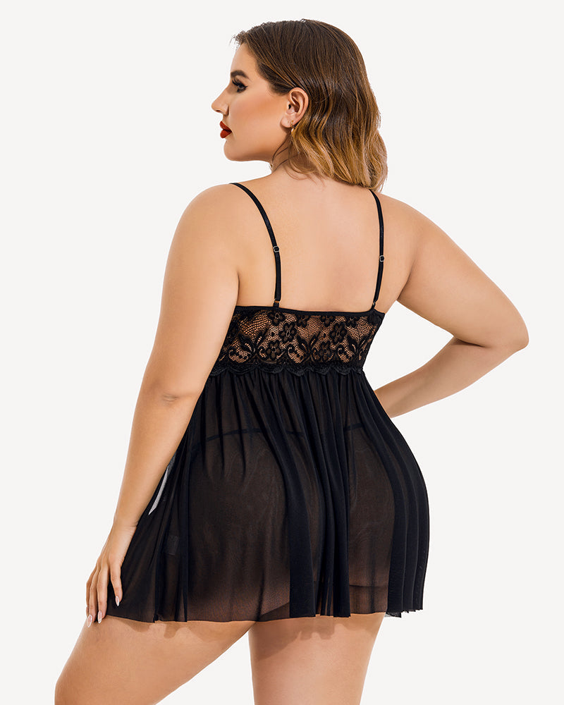 Plus Size Deep Red Mesh Babydoll with Lace Cups and Side Slit-Lingerie Set-Bellascena-bellascena