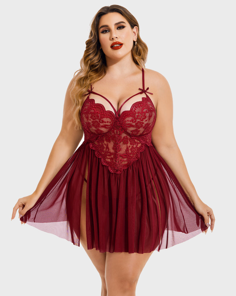 Plus Size Deep Red Mesh Babydoll with Lace Cups and Side Slit-Lingerie Set-Bellascena-bellascena