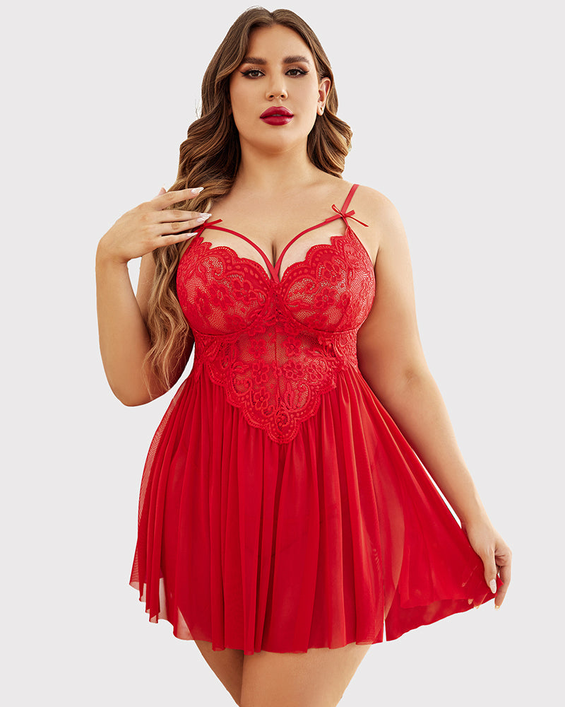Plus Size Deep Red Mesh Babydoll with Lace Cups and Side Slit-Lingerie Set-Bellascena-bellascena