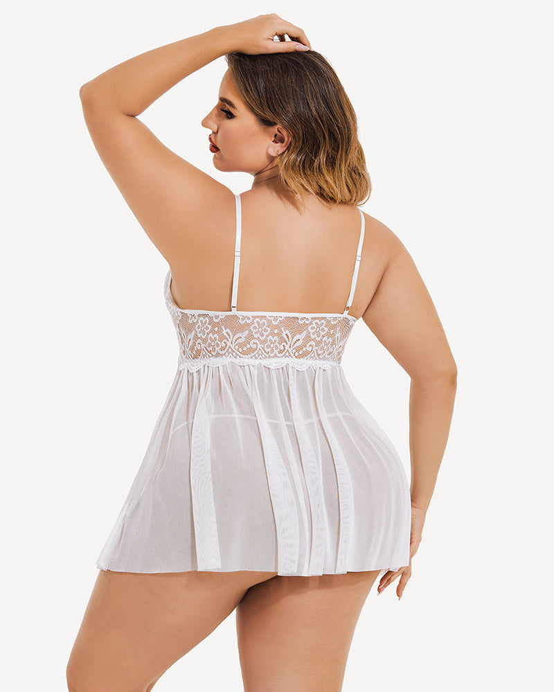 Plus Size Deep Red Mesh Babydoll with Lace Cups and Side Slit-Lingerie Set-Bellascena-bellascena