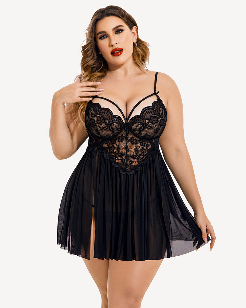 Plus Size Deep Red Mesh Babydoll with Lace Cups and Side Slit-Lingerie Set-Bellascena-Black-L-bellascena