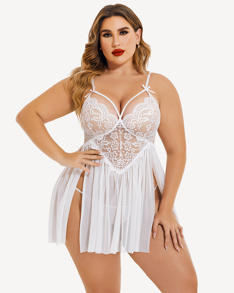 Plus Size Deep Red Mesh Babydoll with Lace Cups and Side Slit-Lingerie Set-Bellascena-White-L-bellascena