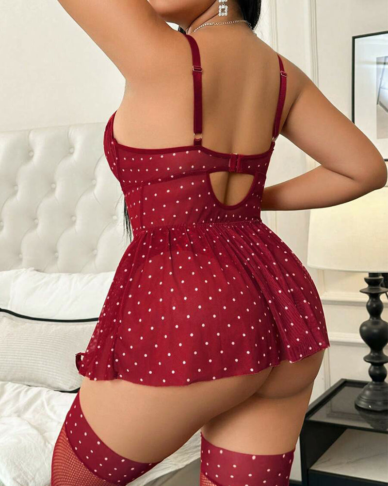 Plus Size Deep Red Polka Dot Lace Nightie with Scalloped Edge-Nightgown-Bellascena-bellascena