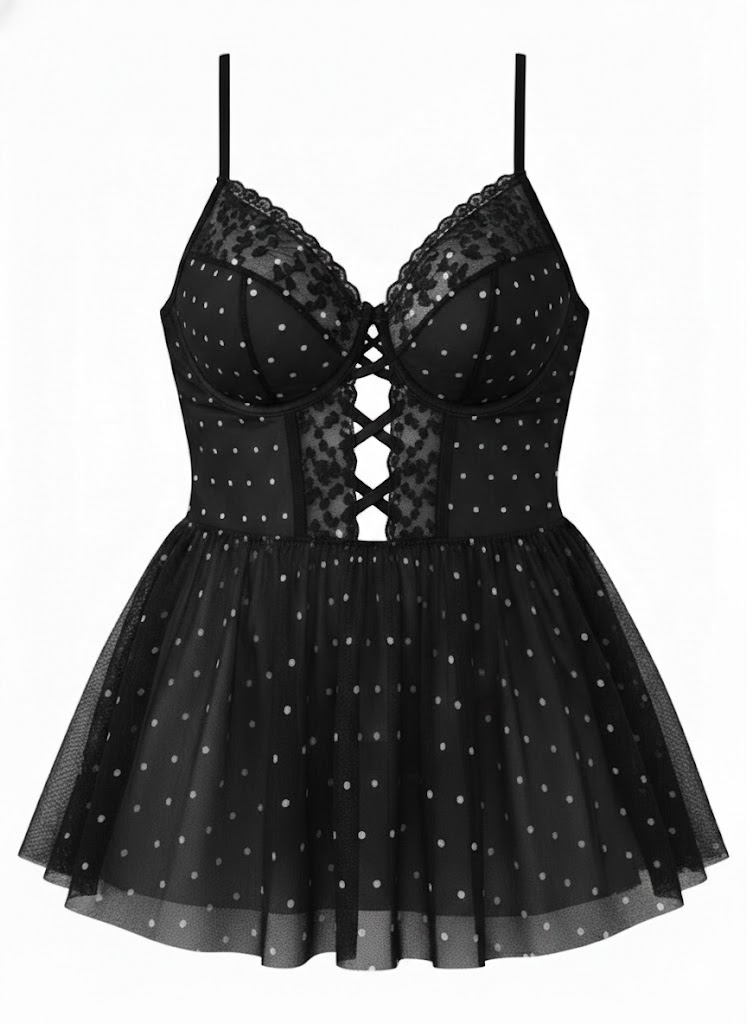 Plus Size Deep Red Polka Dot Lace Nightie with Scalloped Edge-Nightgown-Bellascena-bellascena