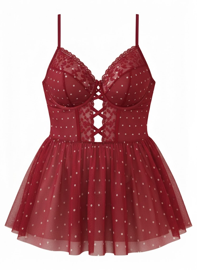 Plus Size Deep Red Polka Dot Lace Nightie with Scalloped Edge-Nightgown-Bellascena-bellascena