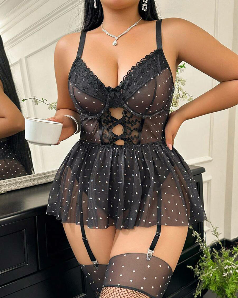 Plus Size Deep Red Polka Dot Lace Nightie with Scalloped Edge-Nightgown-Bellascena-Black-XL-bellascena