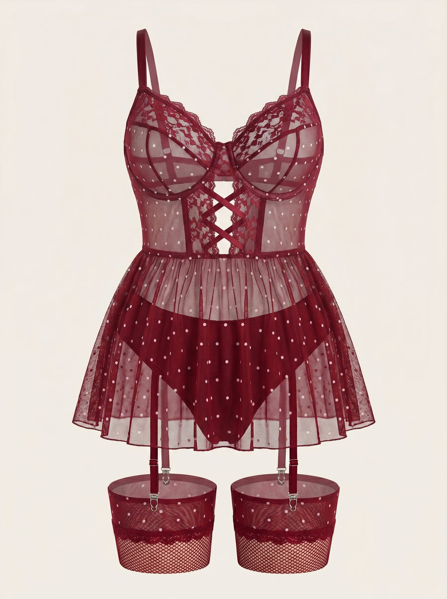 Plus Size Deep Red Polka Dot Lace Nightie with Scalloped Edge-Nightgown-Bellascena-Wine Red-XL-bellascena