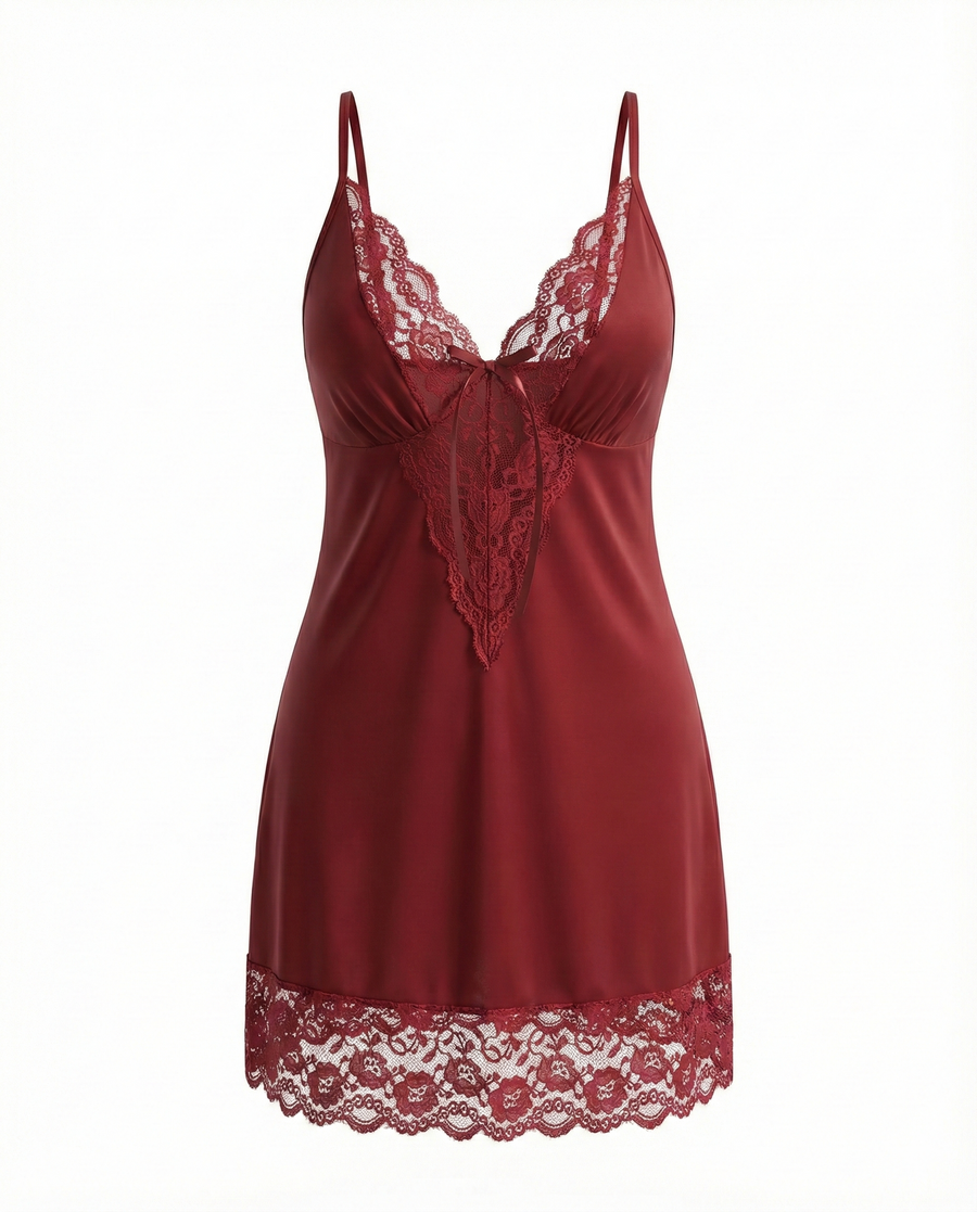 Plus Size Deep Red Satin Cami Dress with Deep V detail-Nightgown-Bellascena-bellascena