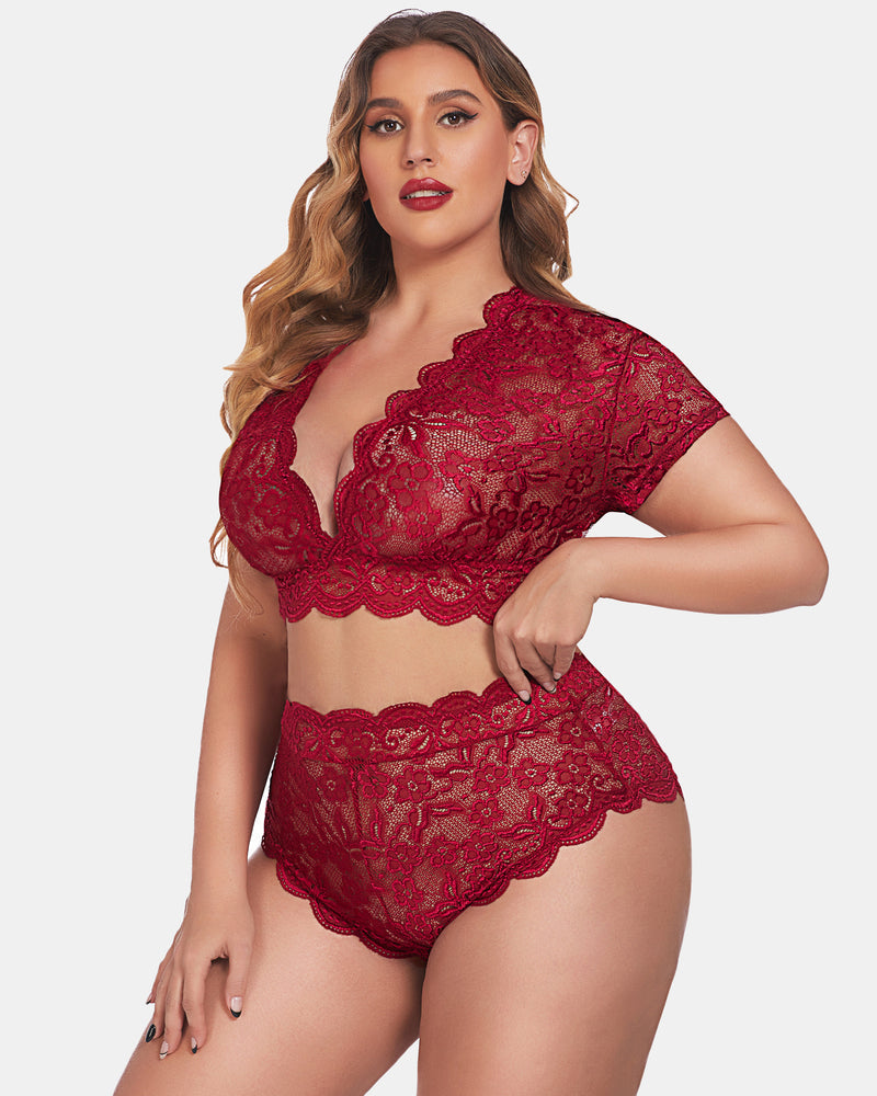 Plus Size Floral Green Lace Lingerie Set with Deep V Design-Lingerie Set-Bellascena-bellascena