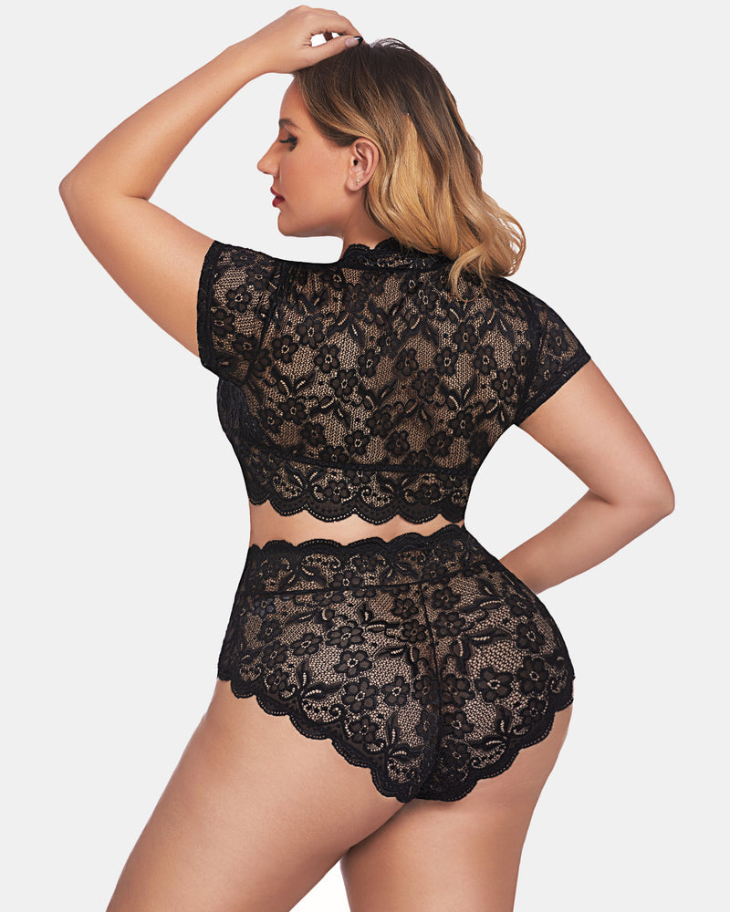 Plus Size Floral Green Lace Lingerie Set with Deep V Design-Lingerie Set-Bellascena-bellascena
