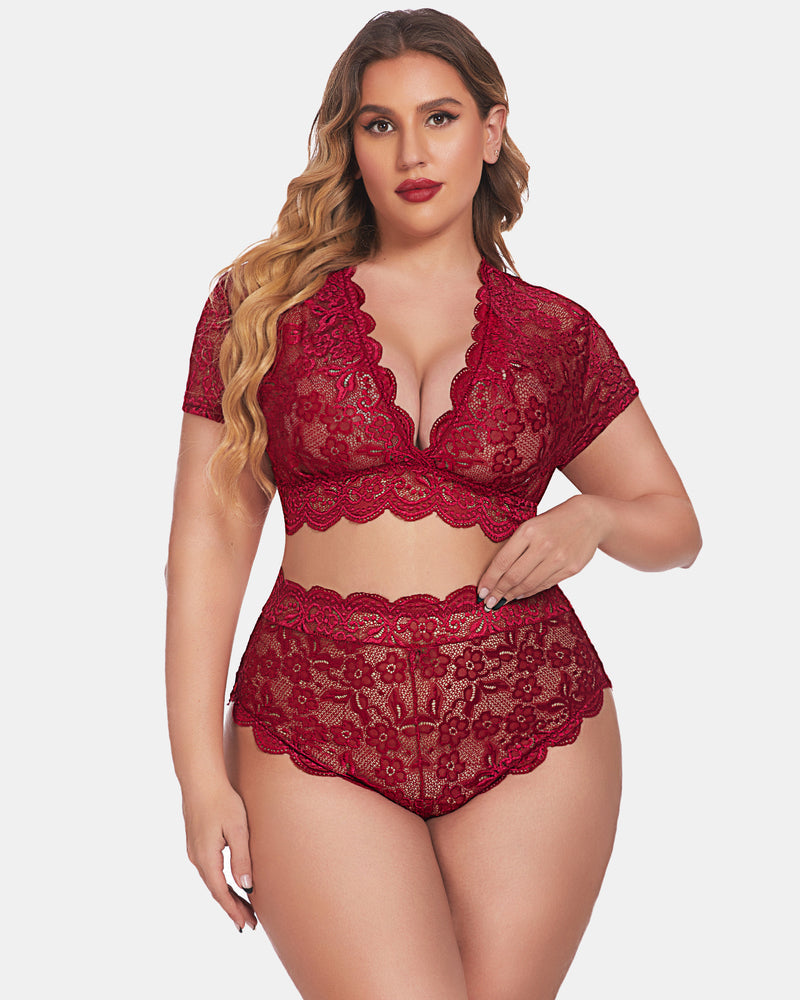 Plus Size Floral Green Lace Lingerie Set with Deep V Design-Lingerie Set-Bellascena-Wine Red-S-bellascena