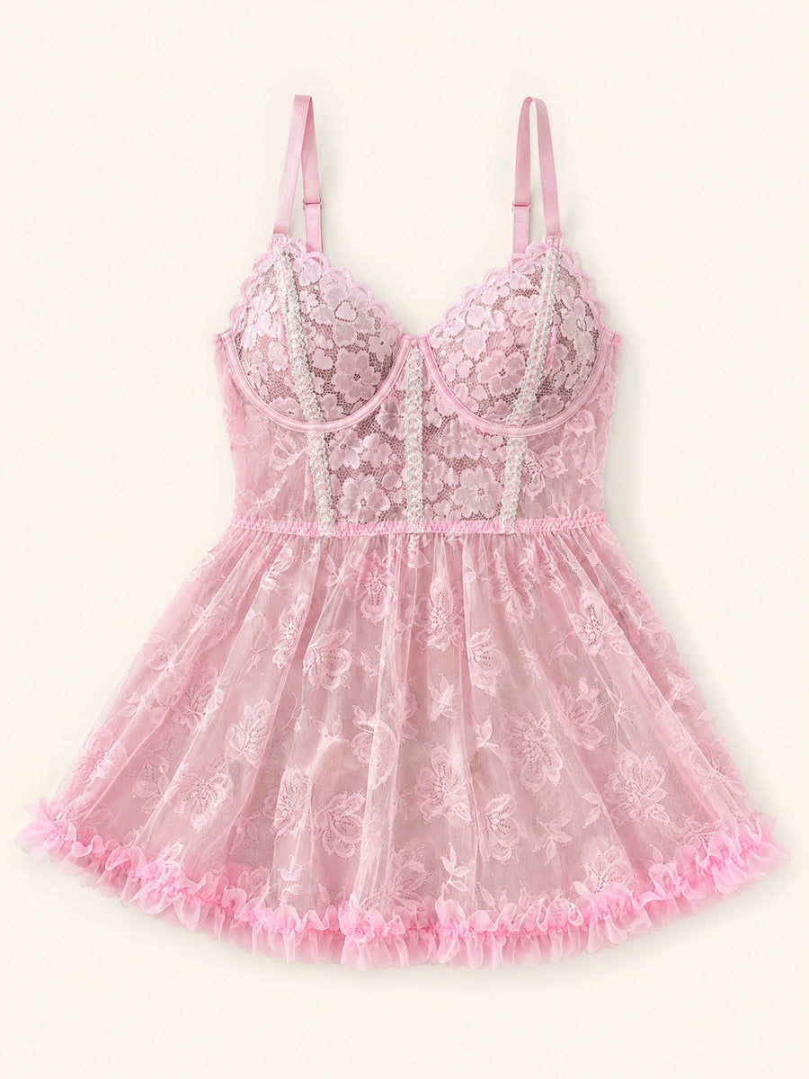 Plus Size Floral Pink Lace Babydoll Set with Panty-Panty-Bellascena-bellascena