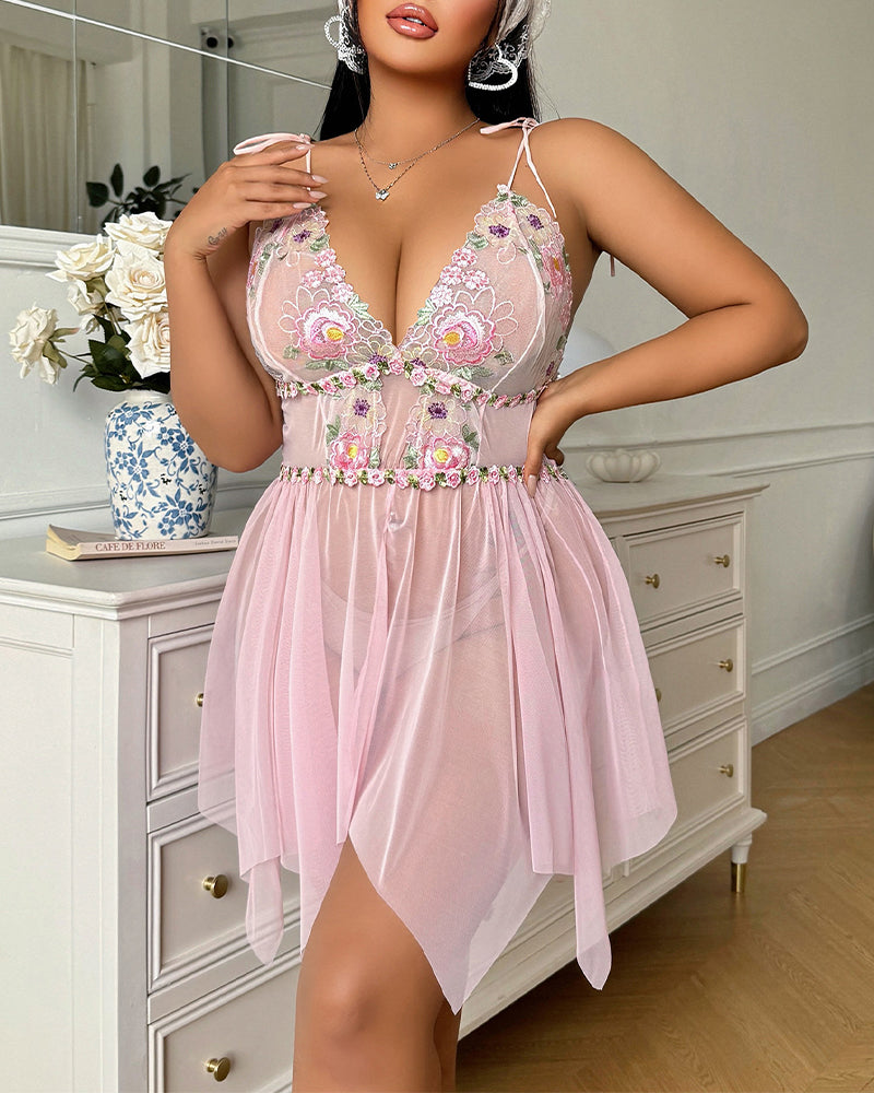 Plus Size Floral Pink Mesh Nightdress with Tie Straps-Nightgown-Bellascena-bellascena