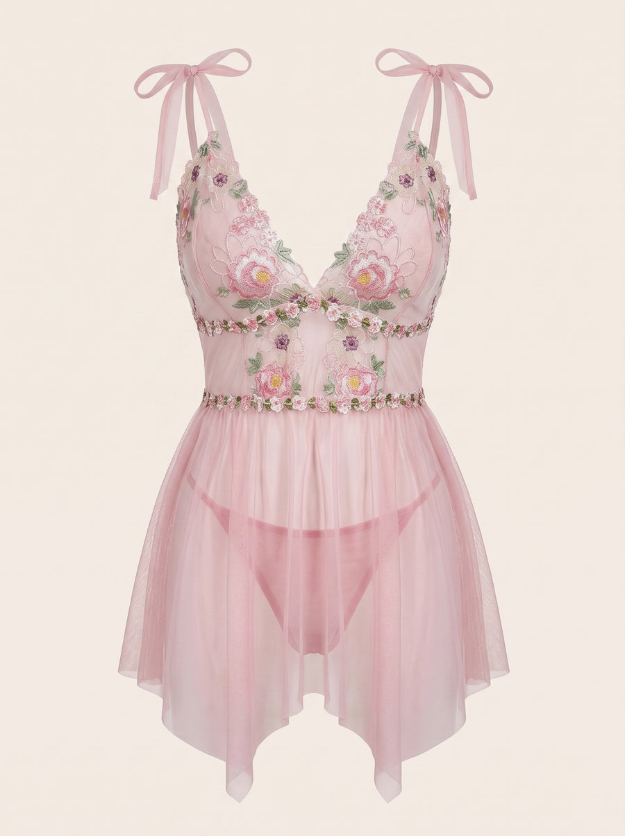 Plus Size Floral Pink Mesh Nightdress with Tie Straps-Nightgown-Bellascena-Pink-XL-bellascena