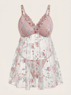 Plus Size Floral Pink Sheer Embroidered Mesh Nightdress with Adjustable Straps-Nightgown-Bellascena-Pink-XL-bellascena