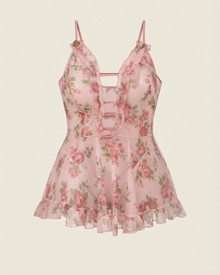 Plus Size Floral Pink Sheer Mesh Camisole Set with Ruffle-Lingerie Set-Bellascena-Pink-XL-bellascena