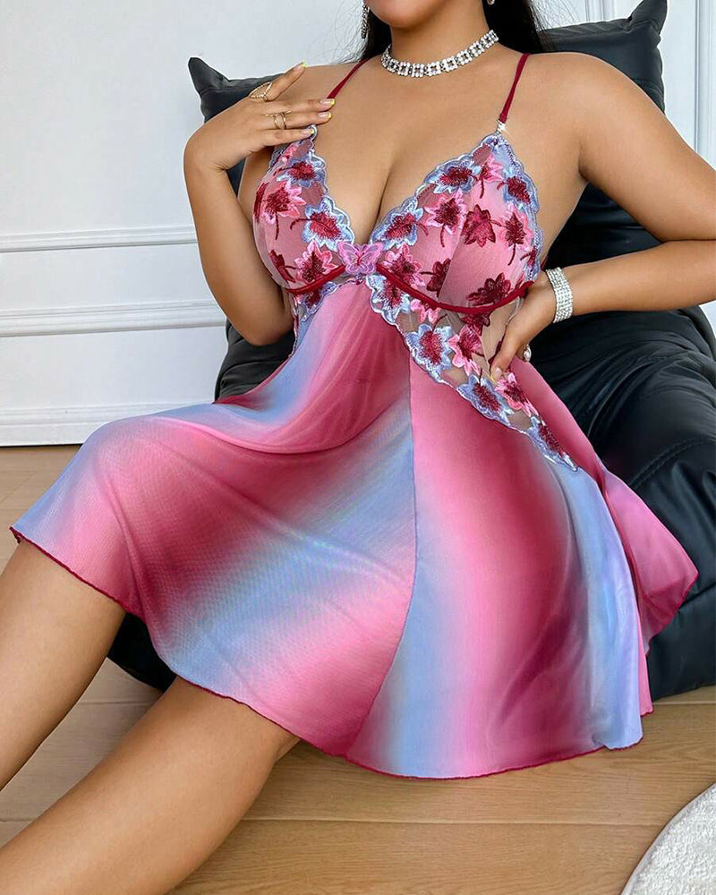 Plus Size Floral Rainbow Ombre Mesh Nightgown with Open Back-Nightgown-Bellascena-bellascena