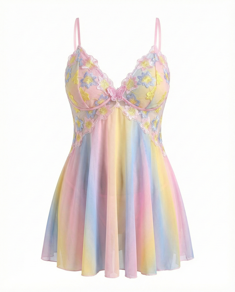 Plus Size Floral Rainbow Ombre Mesh Nightgown with Open Back-Nightgown-Bellascena-bellascena