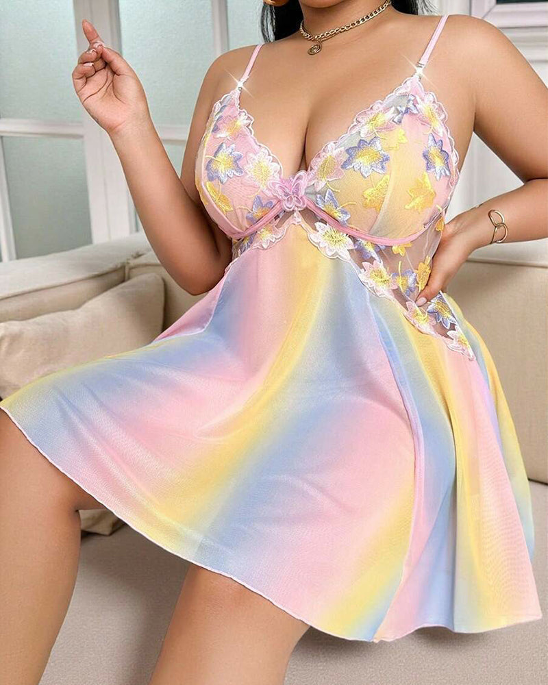 Plus Size Floral Rainbow Ombre Mesh Nightgown with Open Back-Nightgown-Bellascena-bellascena