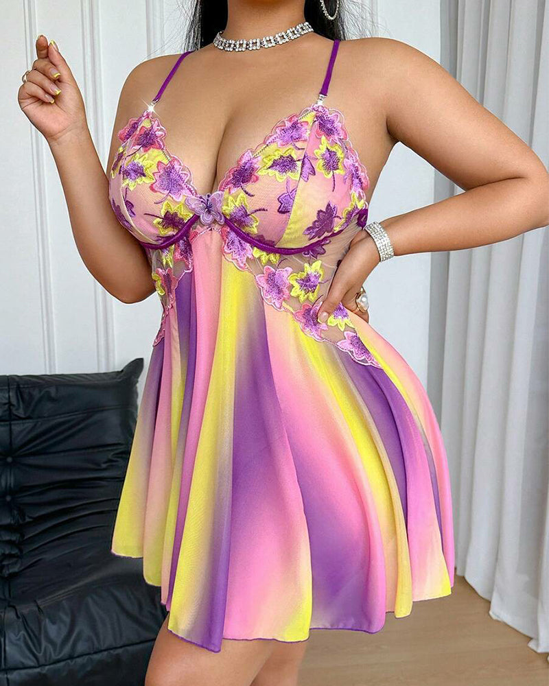 Plus Size Floral Rainbow Ombre Mesh Nightgown with Open Back-Nightgown-Bellascena-Purple-S-bellascena