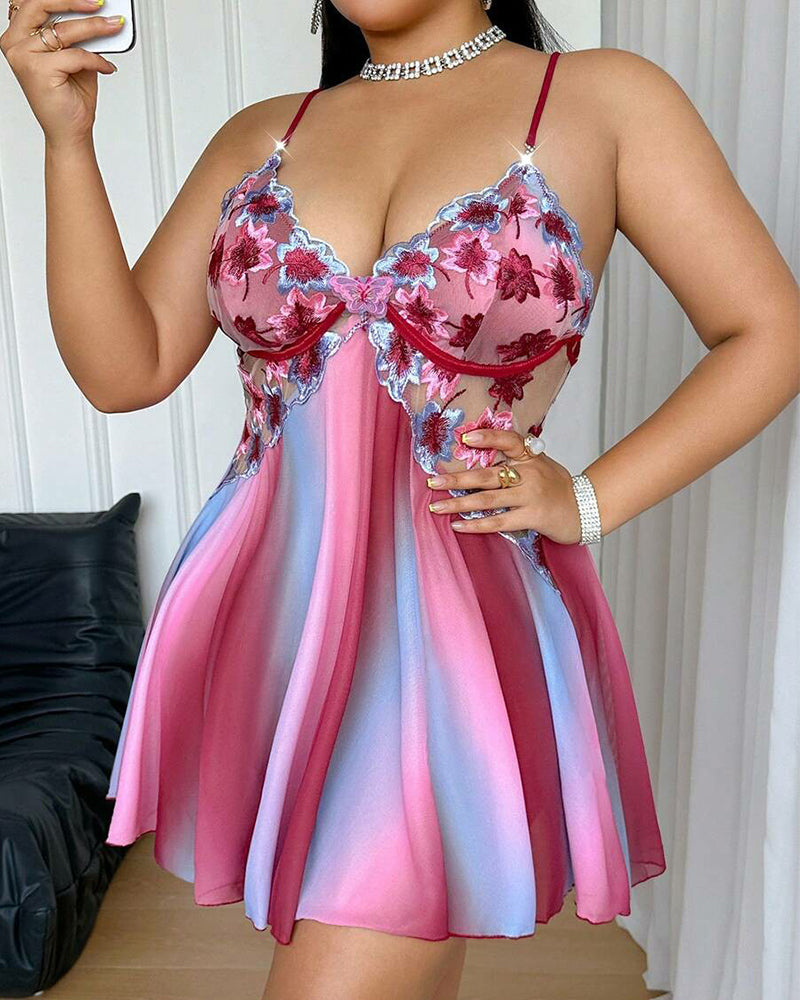 Plus Size Floral Rainbow Ombre Mesh Nightgown with Open Back-Nightgown-Bellascena-Wine Red-S-bellascena