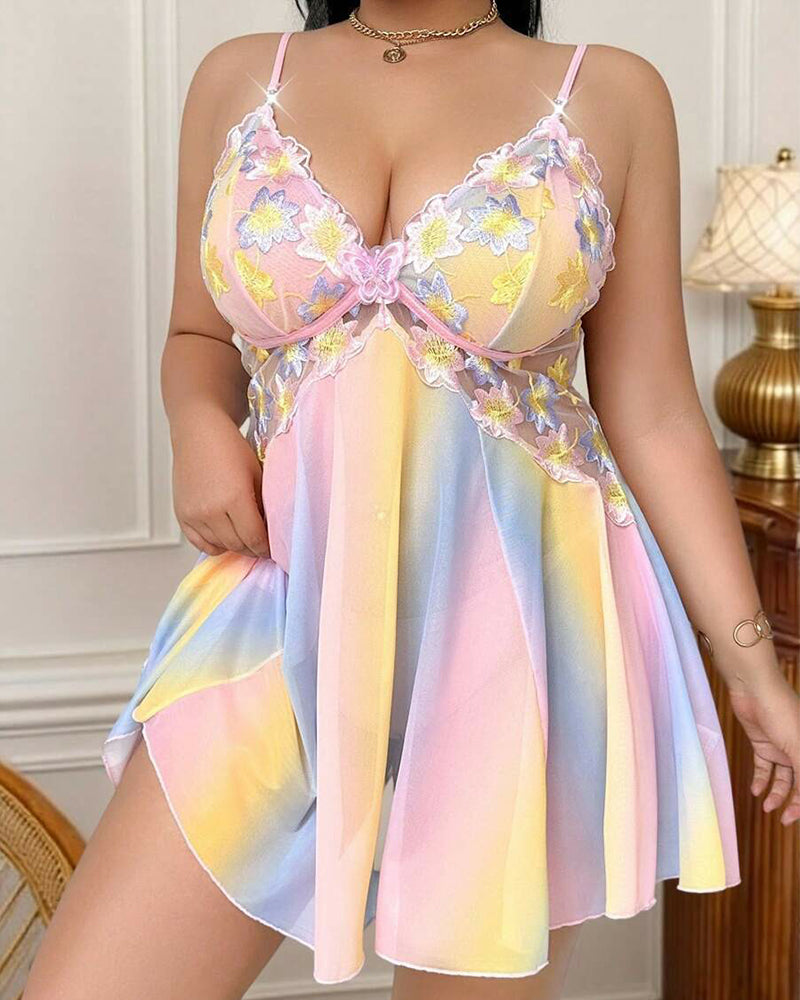 Plus Size Floral Rainbow Ombre Mesh Nightgown with Open Back-Nightgown-Bellascena-Yellow-S-bellascena