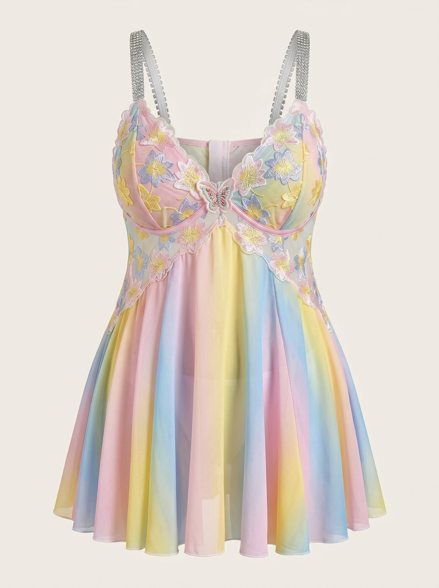 Plus Size Floral Rainbow Ombre Mesh Nightgown with Open Back-Nightgown-Bellascena-bellascena