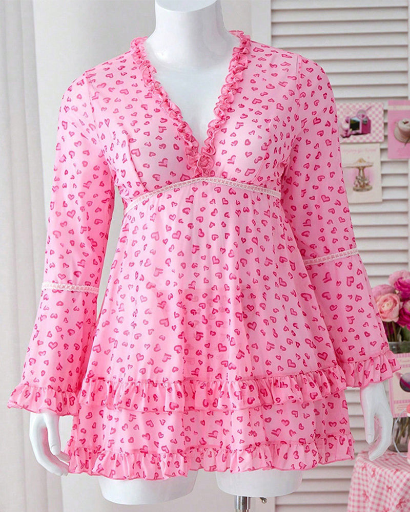 Plus Size Heart Print Pink Mesh Nightdress Set with Ruffle Detail-Nightgown-Bellascena-bellascena