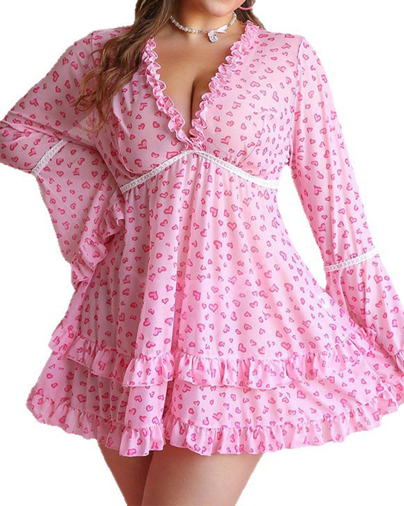 Plus Size Heart Print Pink Mesh Nightdress Set with Ruffle Detail-Nightgown-Bellascena-bellascena