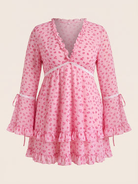 Plus Size Heart Print Pink Mesh Nightdress Set with Ruffle Detail-Nightgown-Bellascena-Pink-XL-bellascena