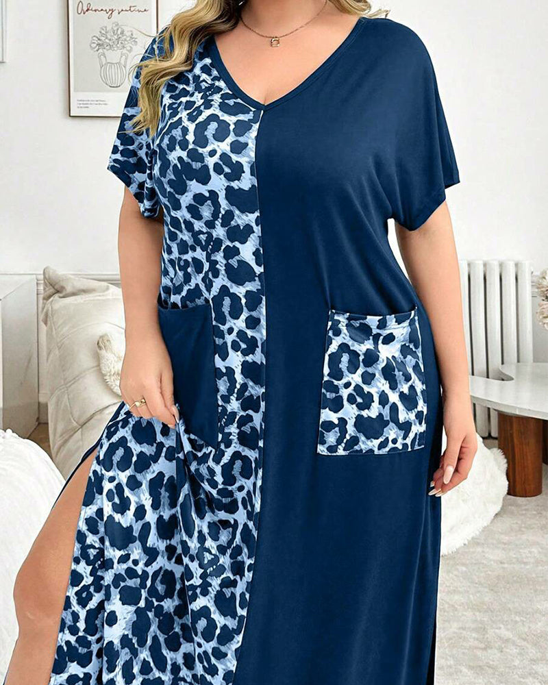 Plus Size Leopard Print Cotton Maxi Dress with V-Neck Details-Nightgown-Bellascena-bellascena