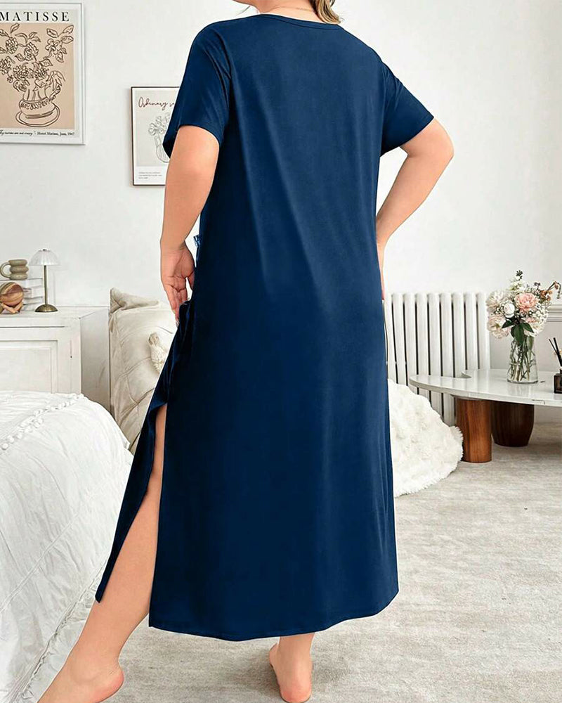 Plus Size Leopard Print Cotton Maxi Dress with V-Neck Details-Nightgown-Bellascena-bellascena