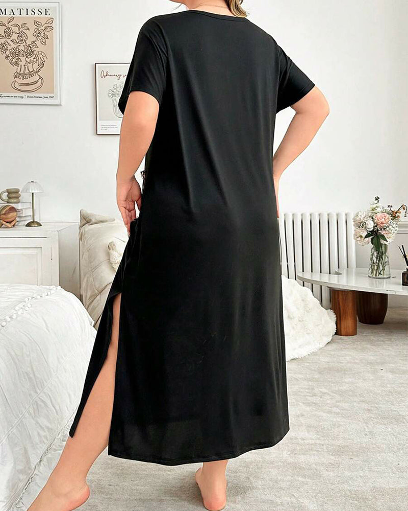 Plus Size Leopard Print Cotton Maxi Dress with V-Neck Details-Nightgown-Bellascena-bellascena