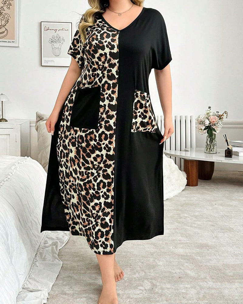 Plus Size Leopard Print Cotton Maxi Dress with V-Neck Details-Nightgown-Bellascena-Black-XL-bellascena