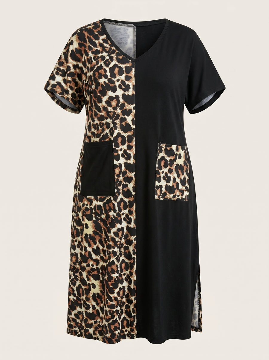 Plus Size Leopard Print Cotton Maxi Dress with V-Neck Details-Nightgown-Bellascena-bellascena