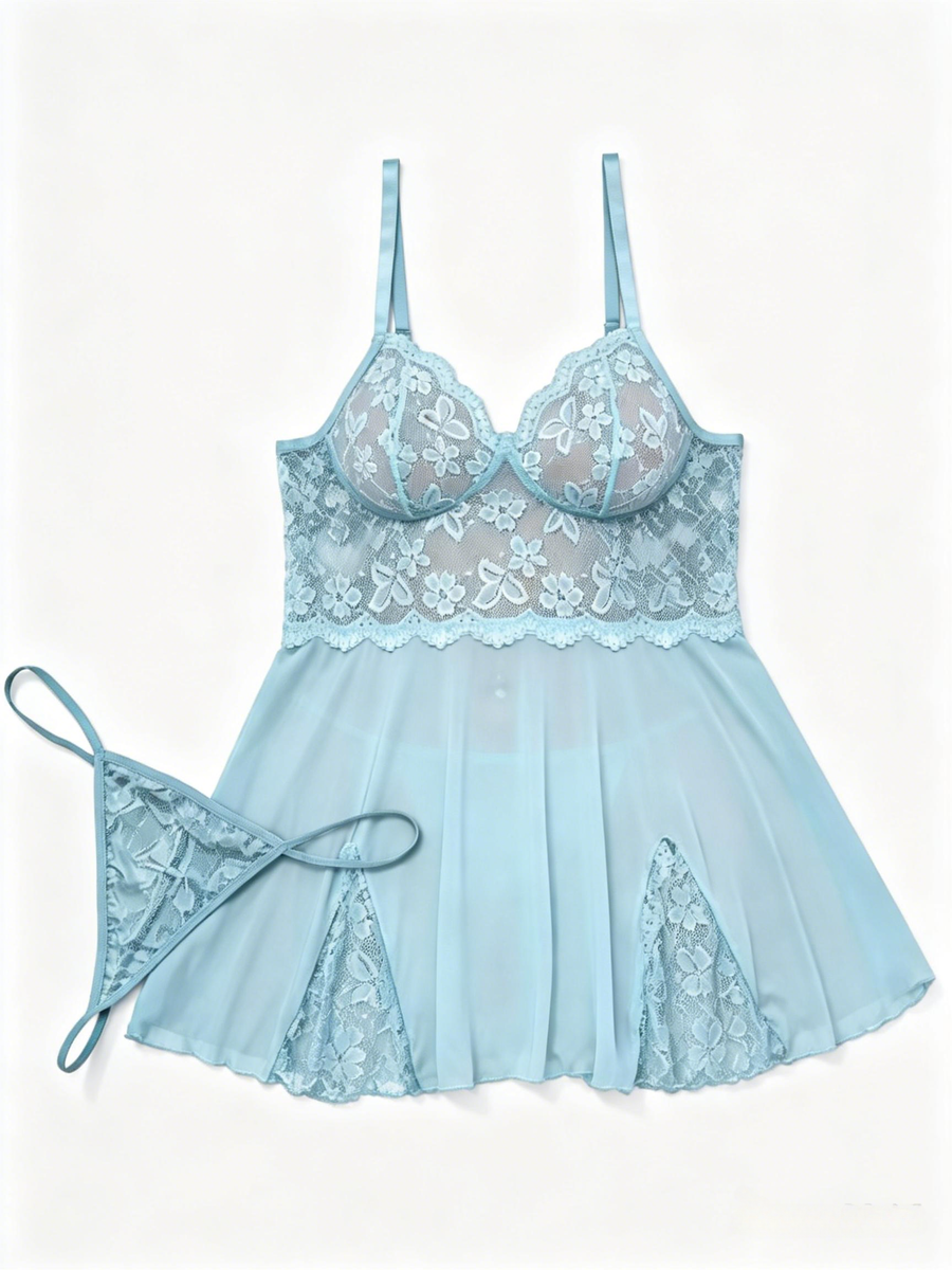 Plus Size Light Blue Lace Slip Dress with Slit-Nightgown-Bellascena-bellascena