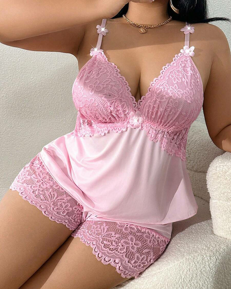 Plus Size Light Blue Satin Pajama Set with Lace Trim-Pajama Set-Bellascena-bellascena