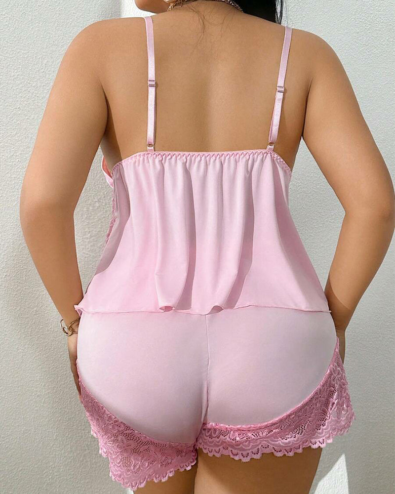 Plus Size Light Blue Satin Pajama Set with Lace Trim-Pajama Set-Bellascena-bellascena