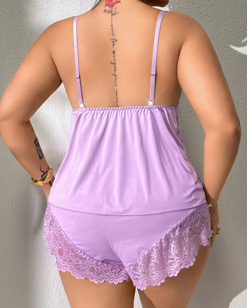 Plus Size Light Blue Satin Pajama Set with Lace Trim-Pajama Set-Bellascena-bellascena